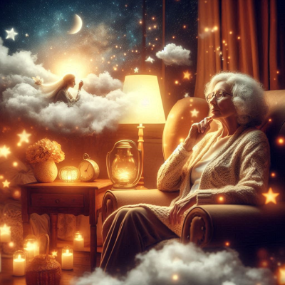 할머니가 커피를 마시며 별빛이 반짝이는 꿈속의 세계를 생각하는 장면입니다.