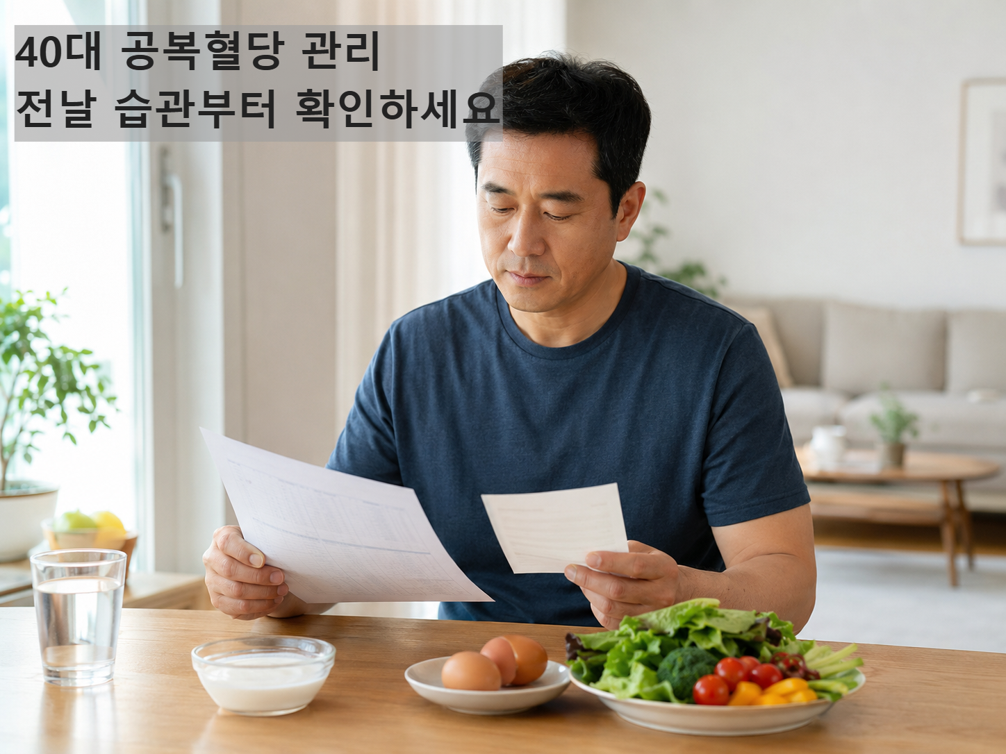 40대 남성이 아침 식탁에서 공복혈당 관리를 위해 건강검진 결과표를 확인하는 모습