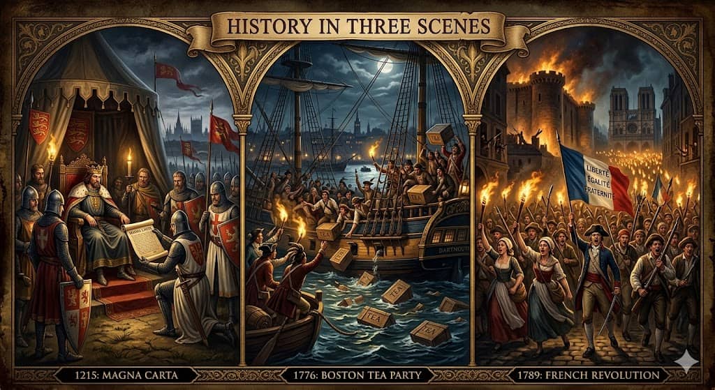 파일명: magna_carta_boston_tea_party_french_revolution_tax_history_world_2026.jpg Alt 태그: 마그나카르타 보스턴 차 사건 프랑스혁명 세금 역사 세금이 바꾼 세상 온고지신 2026
