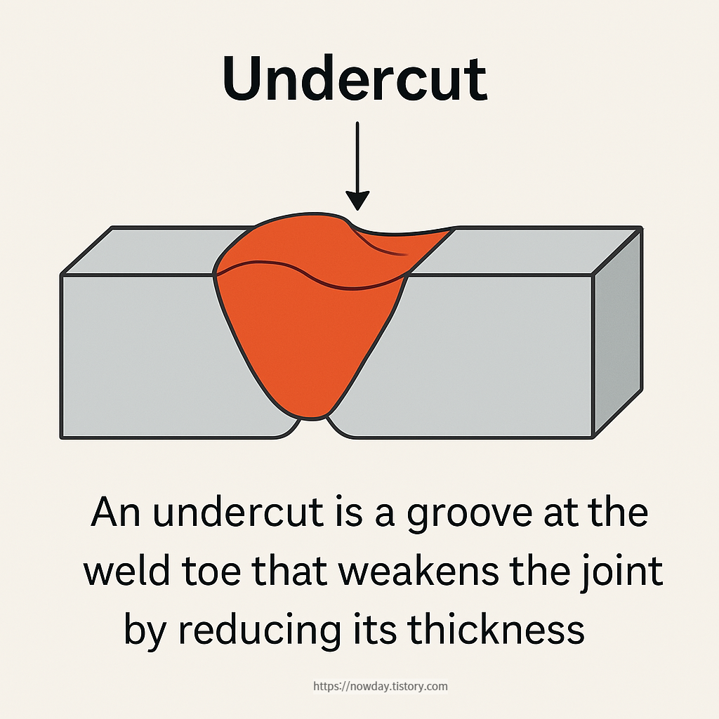 Diagram showing undercut along the edge of a weld where excessive melting caused a groove in the base metal