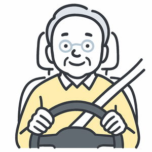 운전석에서 안전벨트를 매고 정면을 바라보며 운전하는 고령 남성