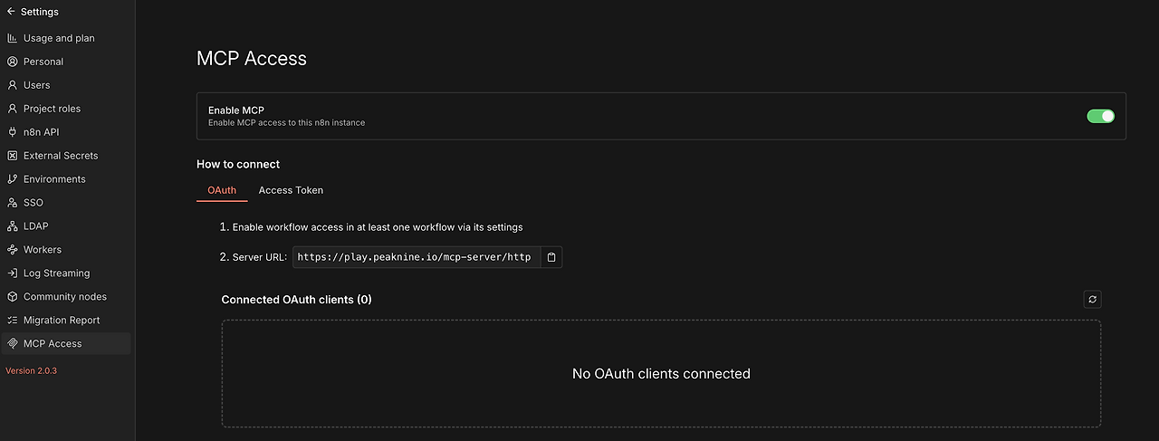n8n Setting > MCP Access에서 'Enable MCP' 토글을 켜서, Intance-level MCP를 활성화합니다
