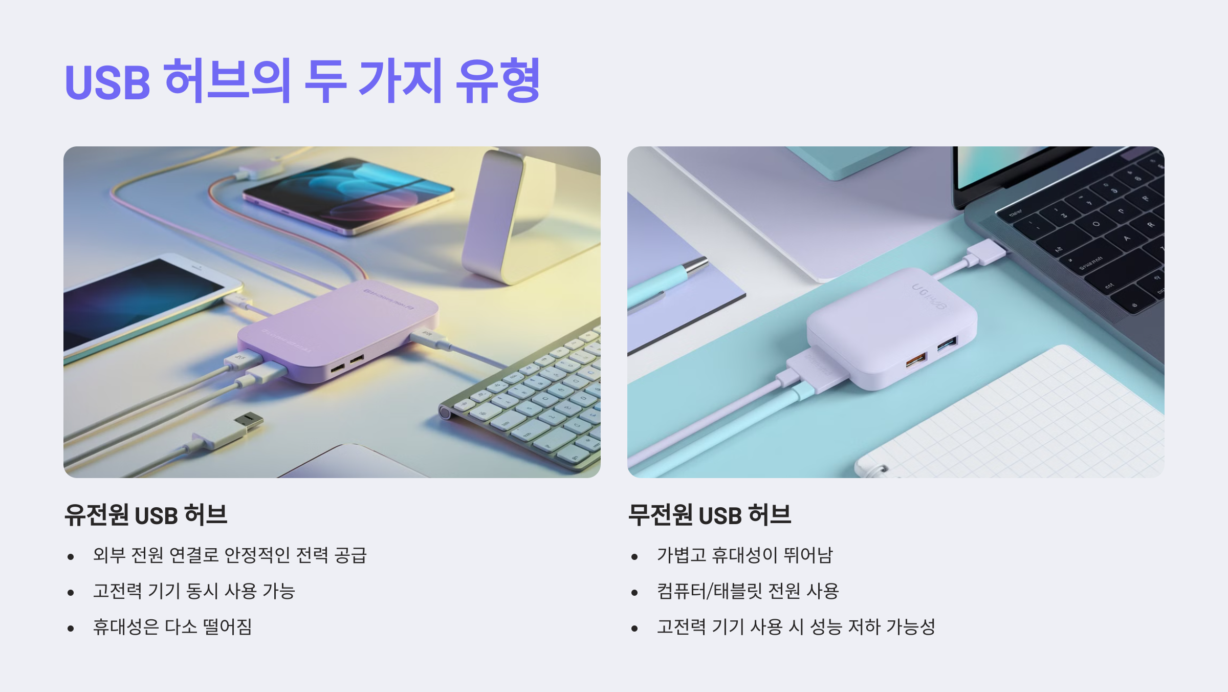 USB 허브 선택 기준: 유전원 vs 무전원