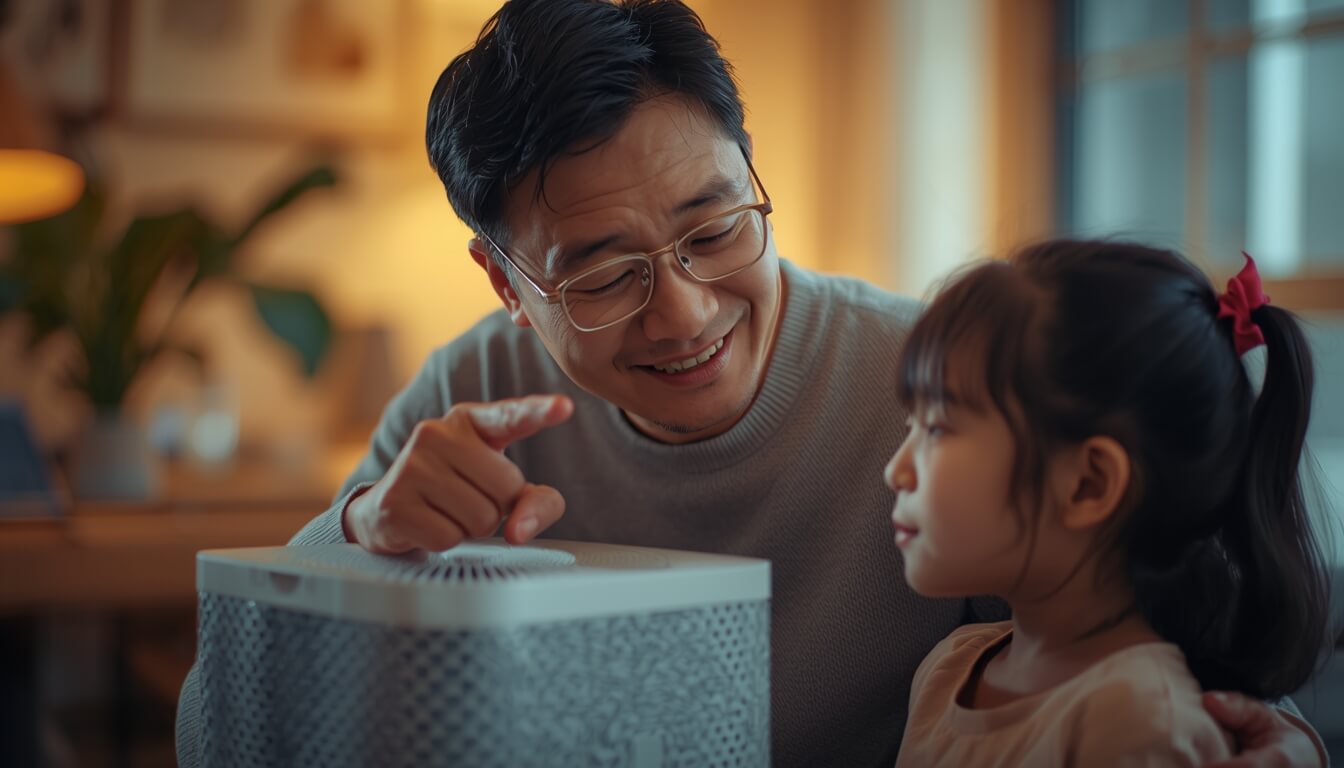 아이에게 공기청정기의 중요성을 설명하는 아빠