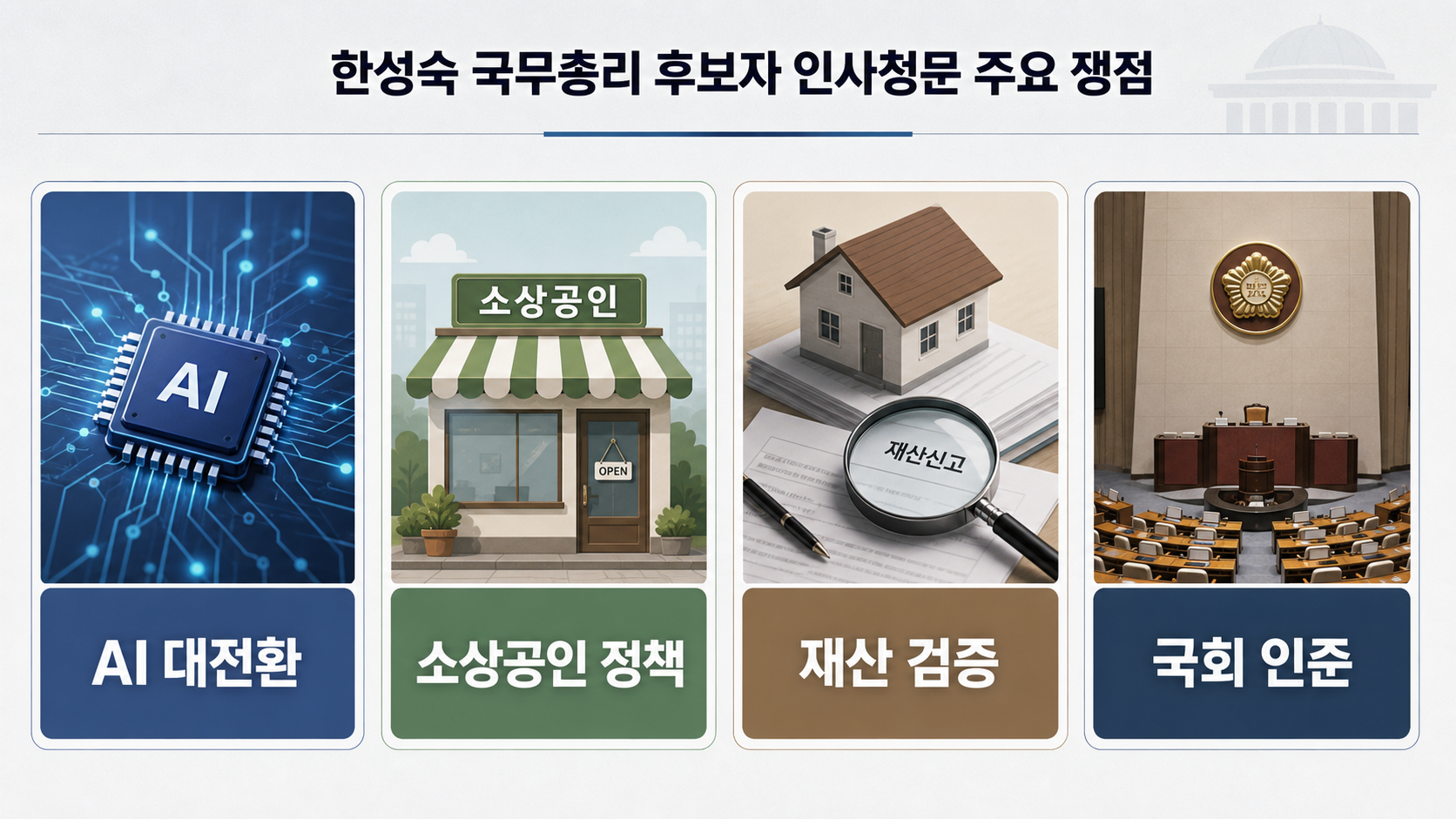 AI 대전환, 소상공인 정책, 재산 검증, 본회의 표결 절차를 정리한 한성숙 총리 후보자 청문회 카드