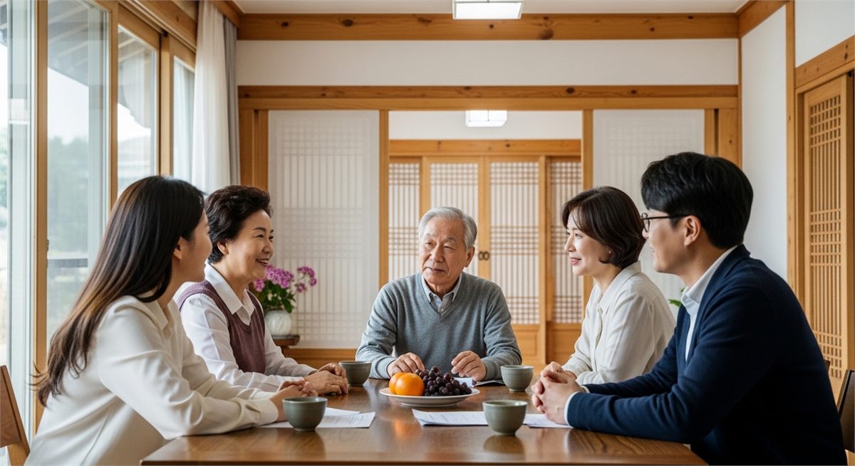 한국 가족이 테이블에 둘러앉아 은퇴 시기를 이야기하는 모습 
