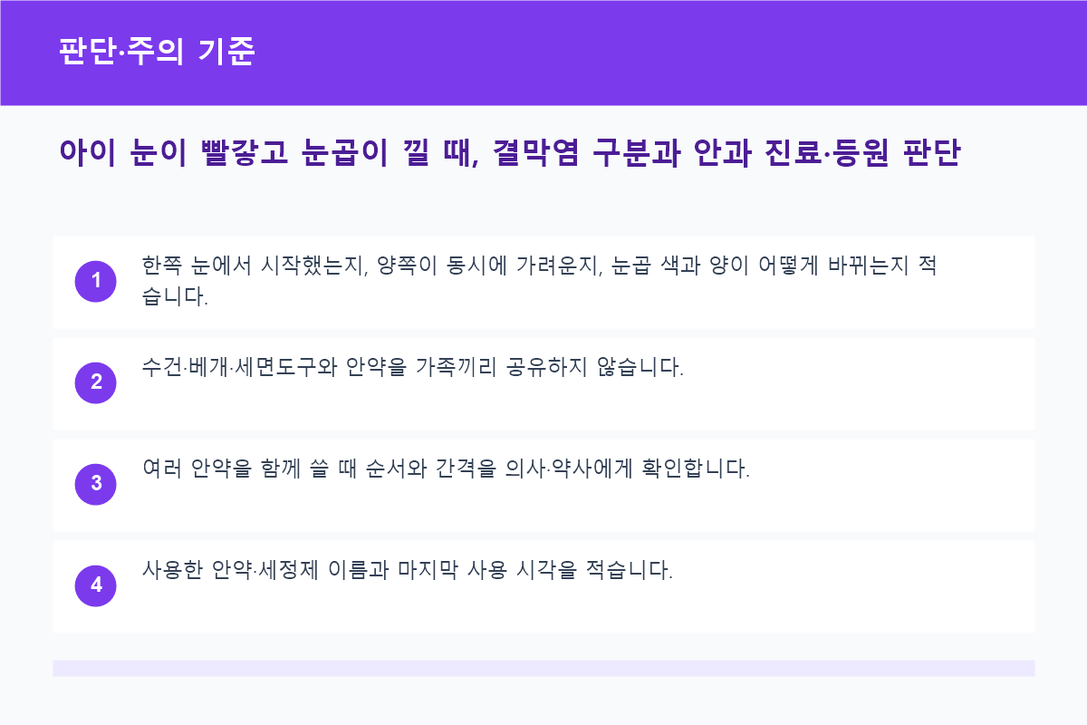 아이 눈이 빨갛고 눈곱이 낄 때, 결막염 구분과 안과 진료&middot;등원 판단 판단&middot;주의 기준 정보 이미지
