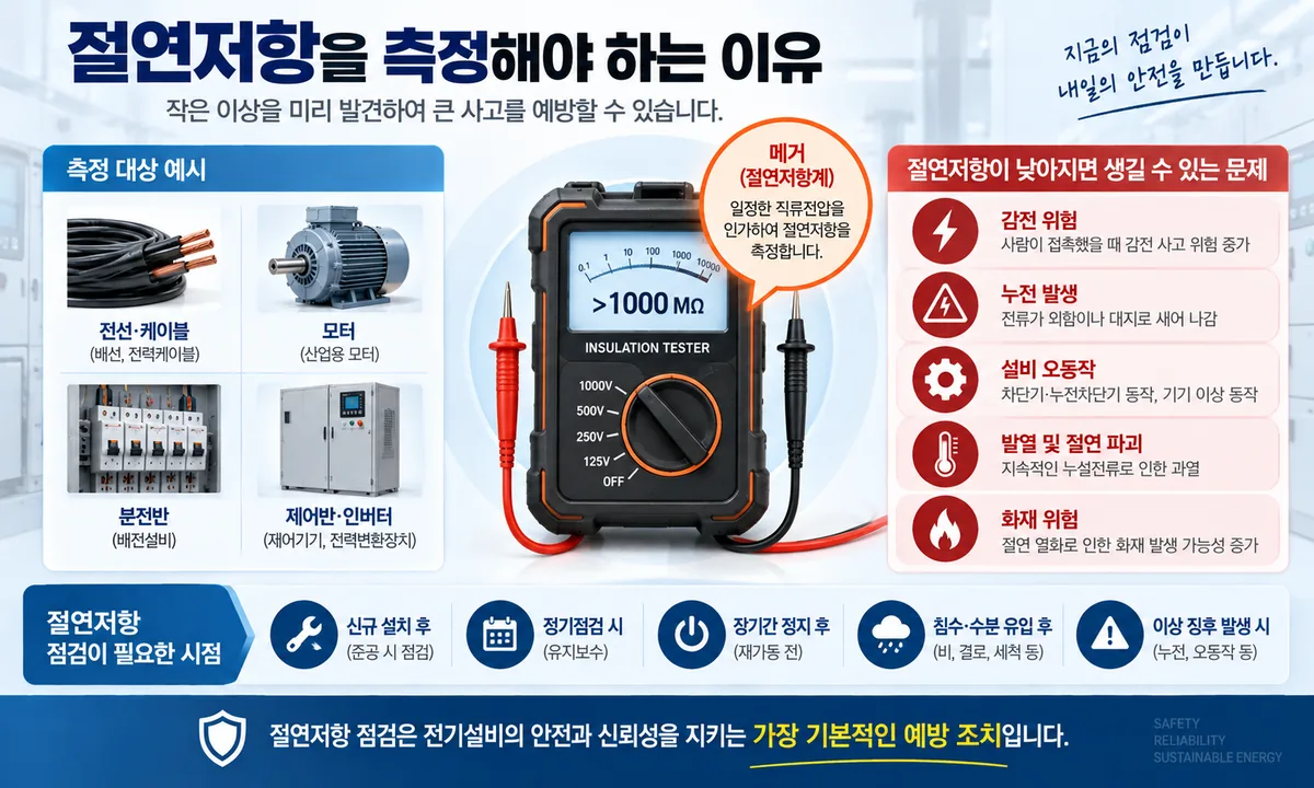 절연저항계와 주요 측정 대상 및 절연저항 저하 위험을 설명하는 인포그래픽