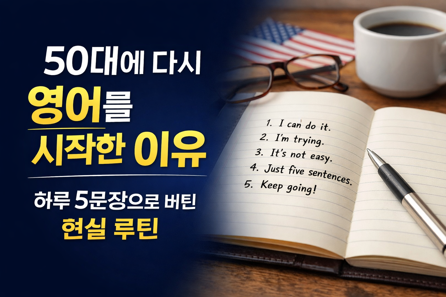 50대에 다시 영어를 시작한 이유를 상징하는 노트와 펜, 하루 5문장 영어 루틴을 기록하는 현실적인 학습 장면