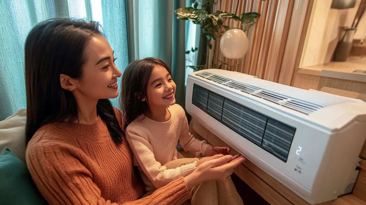 적절한 크기의 벽걸이 에어컨으로 최적의 냉방을 즐기는 가족. 가족 생활 공간에서 에어컨의 중요성과 편안함이 강조됩니다.