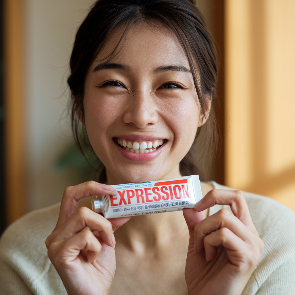 오래된 치약을 들고 웃고 있는 여성