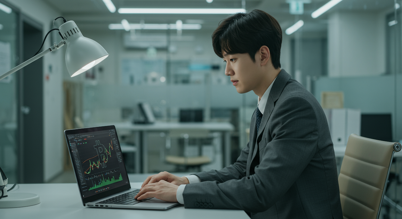 사무실에서 노트북으로 비트코인 차트를 보는 직장인의 모습