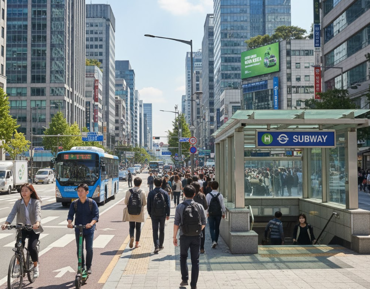 도심에서 다양한 친환경 교통수단을 이용하는 사람들의 모습을 담은 이미지