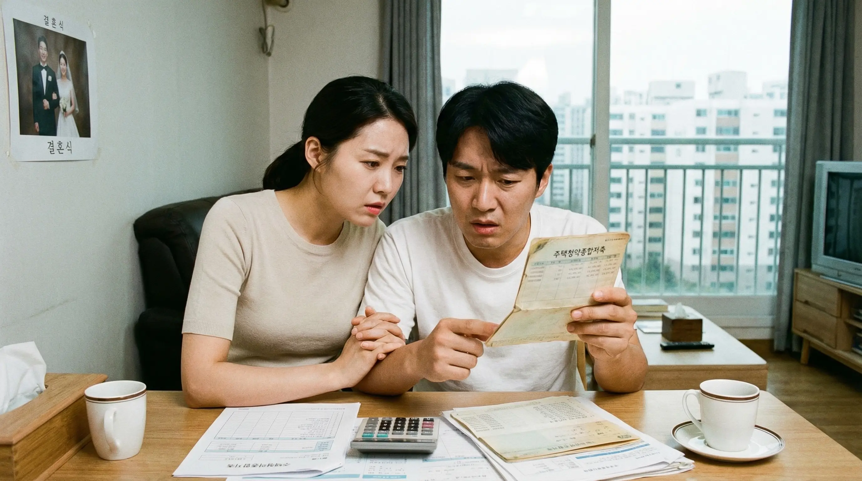청약통장을 들고 해지를 고민하는 신혼부부의 모습