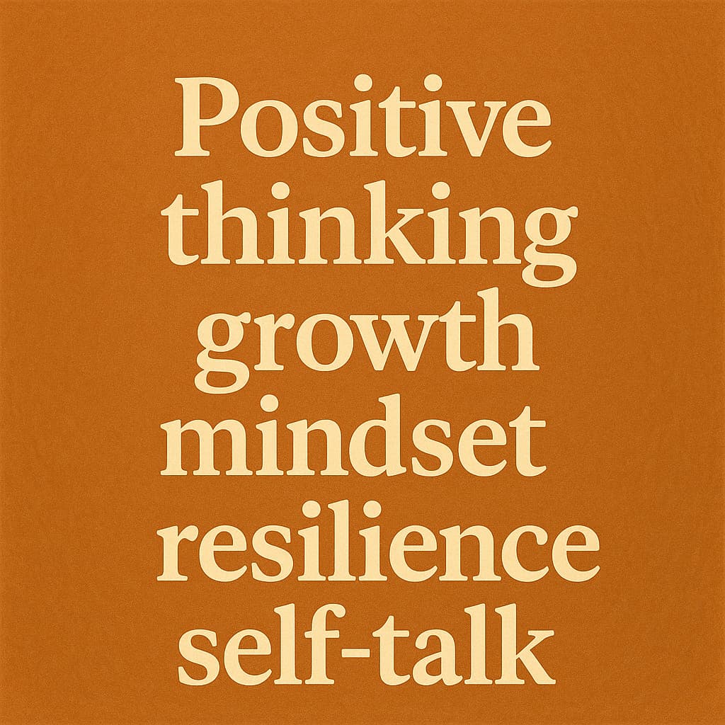 따뜻한 오렌지색 배경 위에 "Positive thinking, growth mindset, resilience, self-talk"라는 문구가 크림색 세리프 글씨로 정렬된 이미지. 긍정적인 사고와 회복력, 자기 대화를 강조하는 심플하고 따뜻한 디자인.