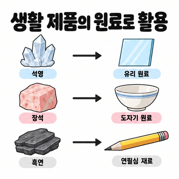 석영을 유리 원료에, 장석을 도자기 원료에, 흑연을 연필심 재료에 각각 연결해 광물과 생활 제품의 관계를 보여주는 도식