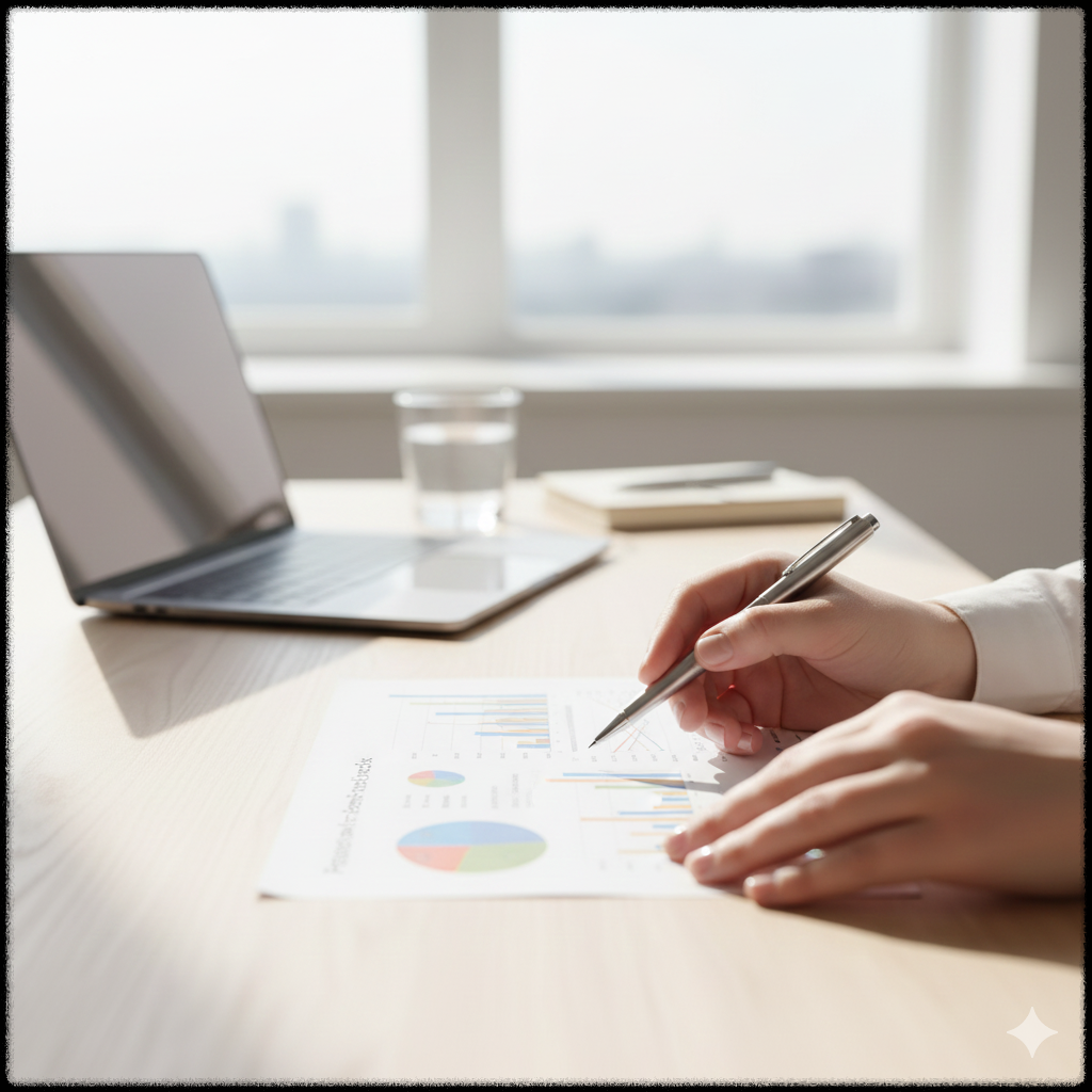 개인연금저축 게좌의 자료를 살펴보는 직장인