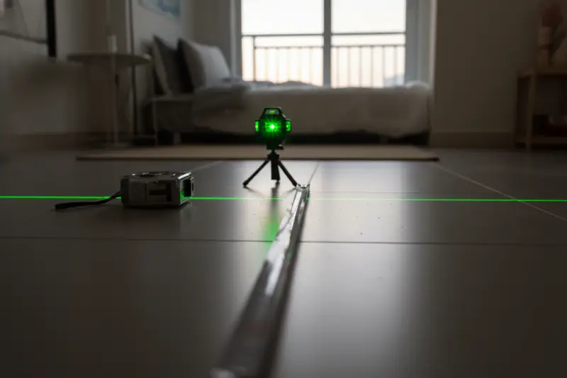 수평계와 레이저 레벨기를 이용해 바닥 평탄도를 확인하는 시공 준비 과정