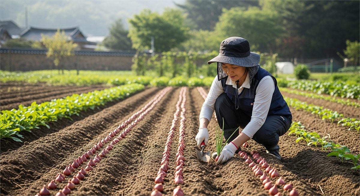 작은 텃밭에 일정 간격으로 쪽파를 심는 한국인 여성의 모습 