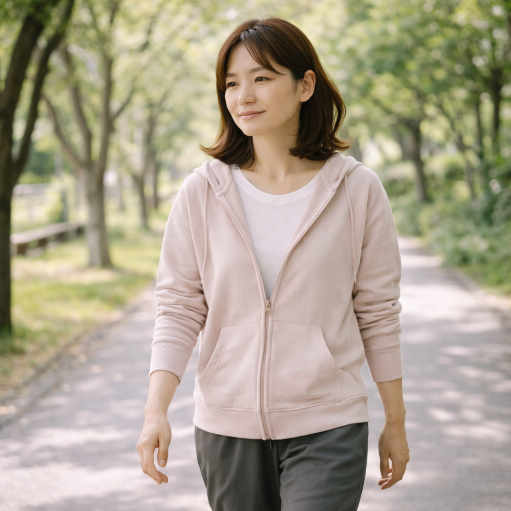 혈당 관리를 위해 식후에 가볍게 걷는 성인의 모습