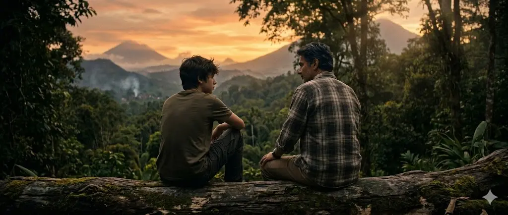 해 질 녘 붉은 노을이 내려앉은 인도네시아의 울창한 숲을 배경으로, 나란히 통나무에 앉아 같은 곳을 응시하는 소년과 관리인의 평화로운 뒷모습
