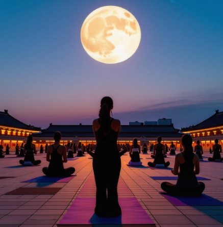 달빛아래에서 요가하는 사람들과, 사람들에게 수업을 하고 있는 요가 선생님