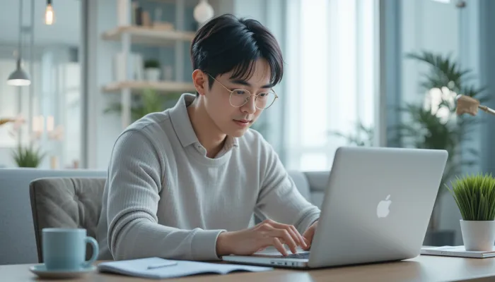 노트북 앞에서 2025년 말띠 운세를 참고하며 예산을 조정하는 남성