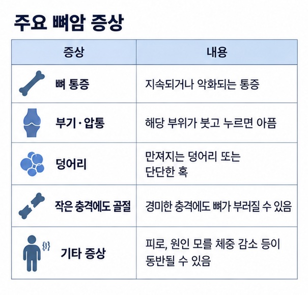 뼈 통증 부기 압통 덩어리 골절 피로 체중 감소 등 뼈암에서 나타날 수 있는 증상을 표로 정리한 이미지