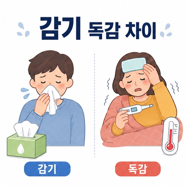 감기와 독감의 증상 차이를 체온계와 휴지 아이콘으로 비교한 이미지