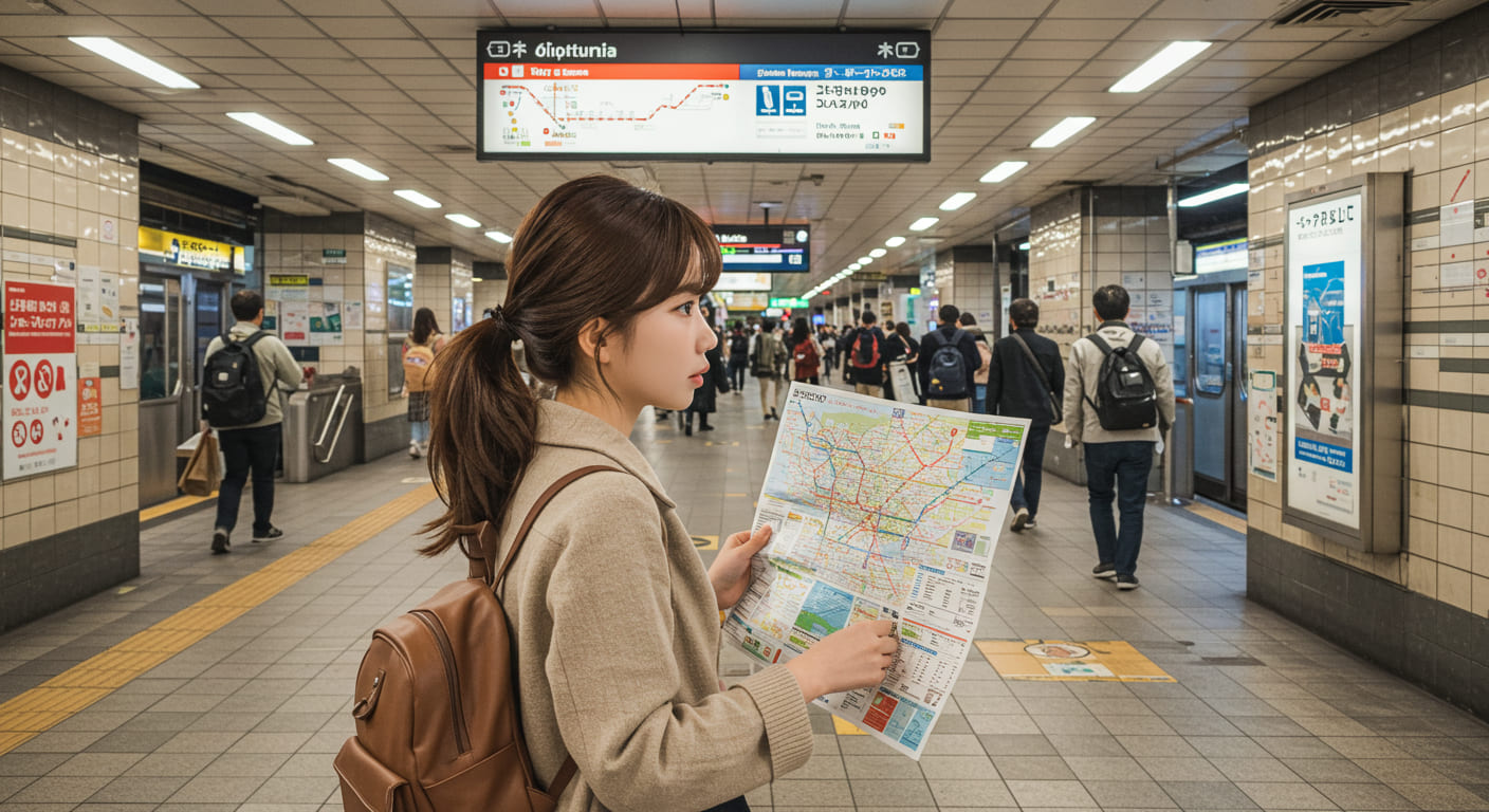 도쿄 지하철 노선도를 들고 있는 귀여운 한국인 여행자
