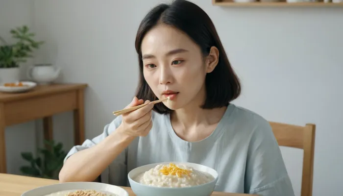부드러운 음식으로 부담을 줄이며 식사하는 장면