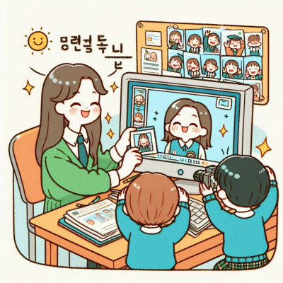 부모와 두 아이가 컴퓨터에서 사진을 선택하는 모습.