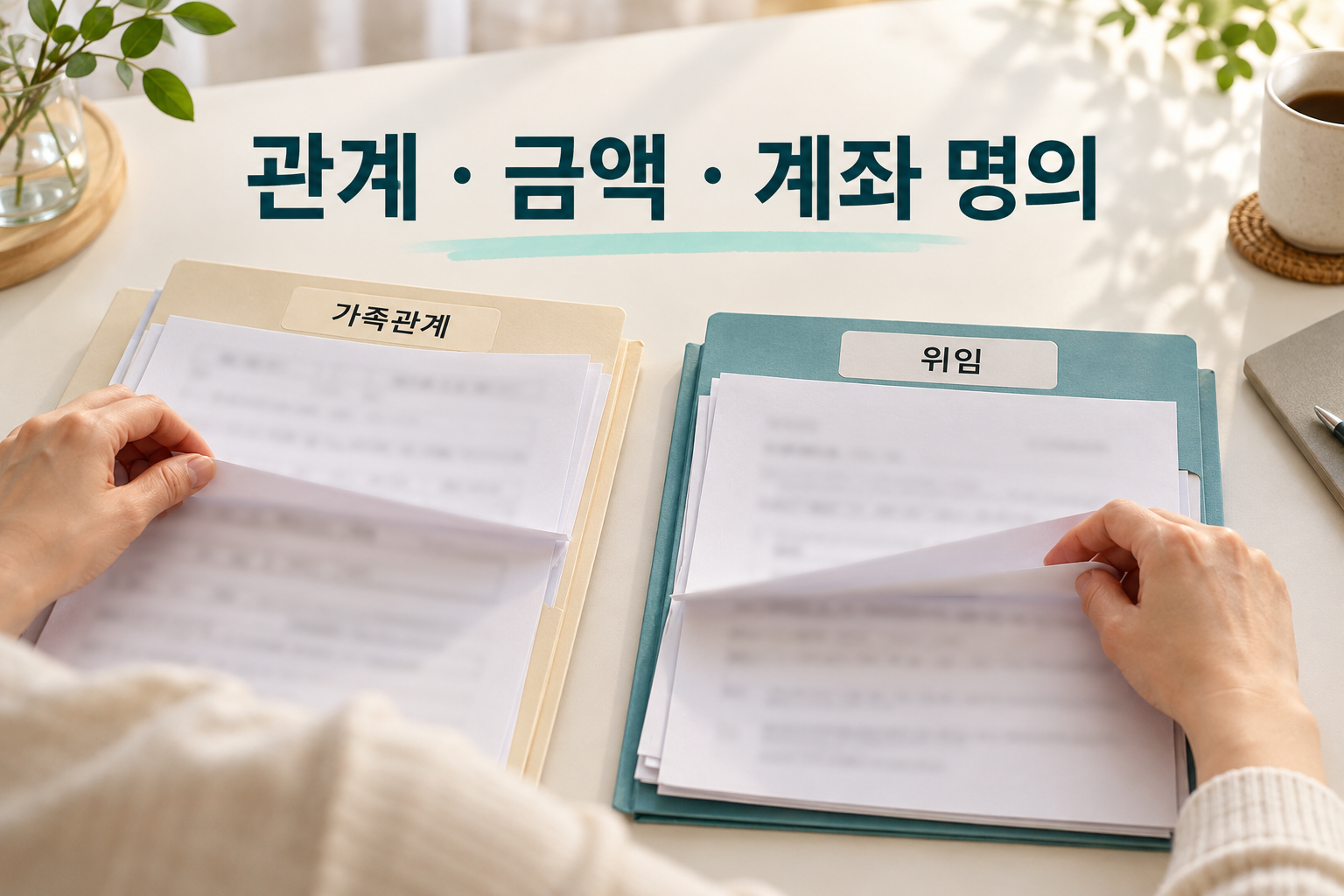 성인 가족이 신청 안내와 위임 관련 서류를 구분해 정리하는 손