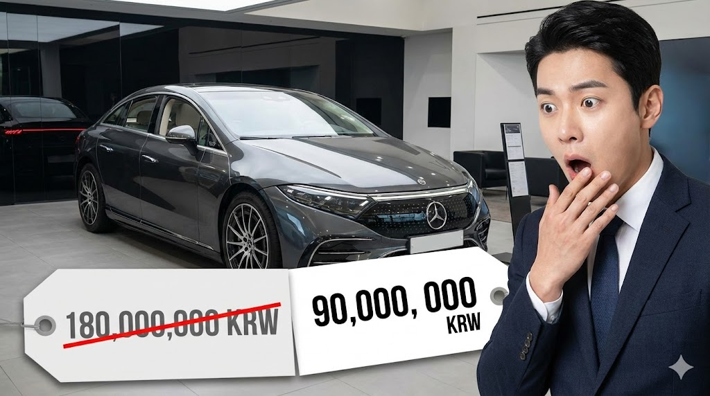 벤츠 EQS와 유사한 고급 세단이 전시된 쇼룸에 반으로 쪼개진 가격표가 놓여 있습니다. 왼쪽에는 '180,000,000 KRW'가 붉은 선으로 지워져 있고, 오른쪽에는 '90,000,000 KRW'가 강조되어 있습니다. 한 남성이 이 가격표를 보고 입을 막으며 크게 놀라는 표정을 짓고 있어 상황의 심각성을 전달합니다.