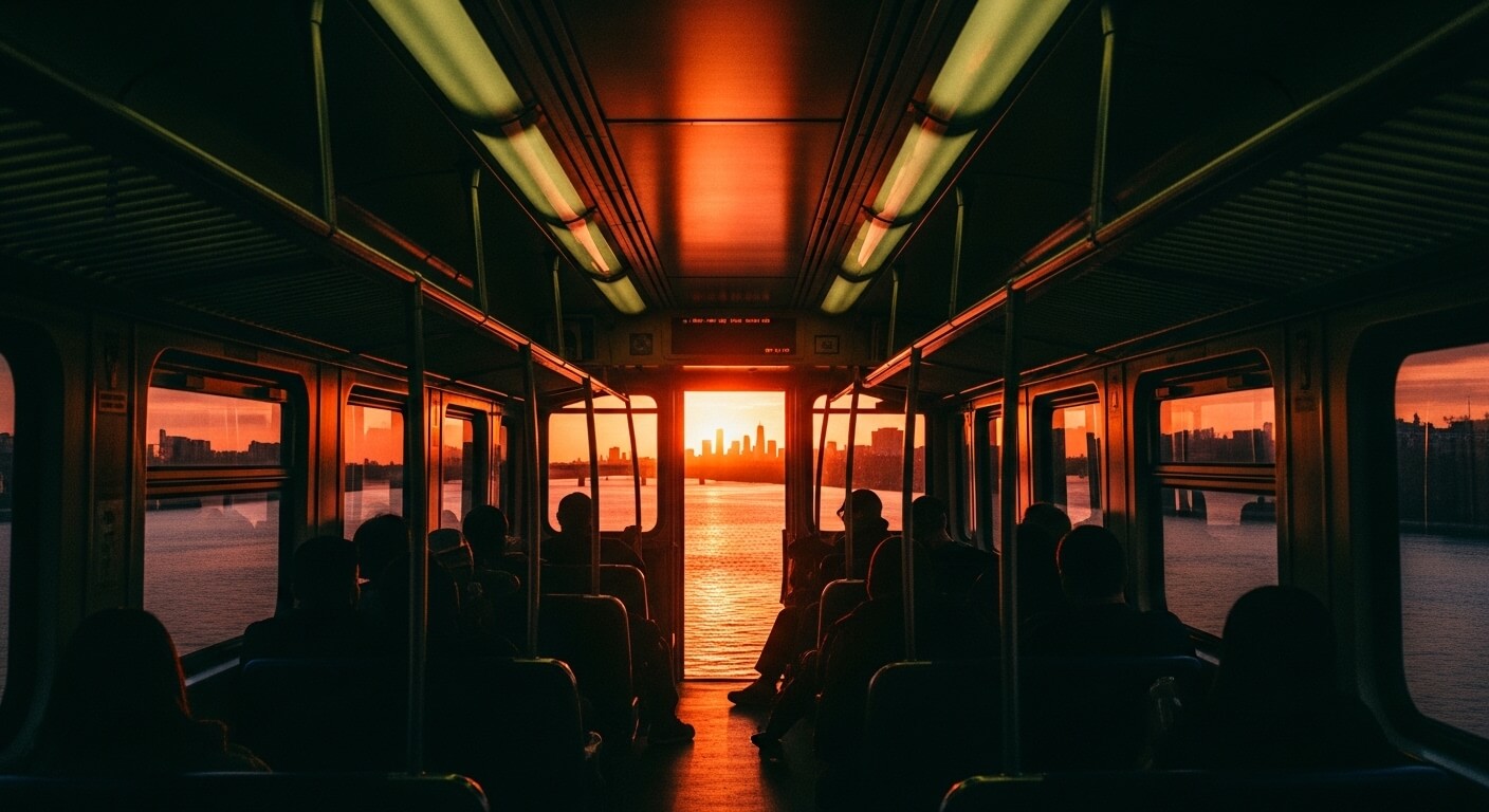 철도내부의모습-노을이 아름답게물들어있다