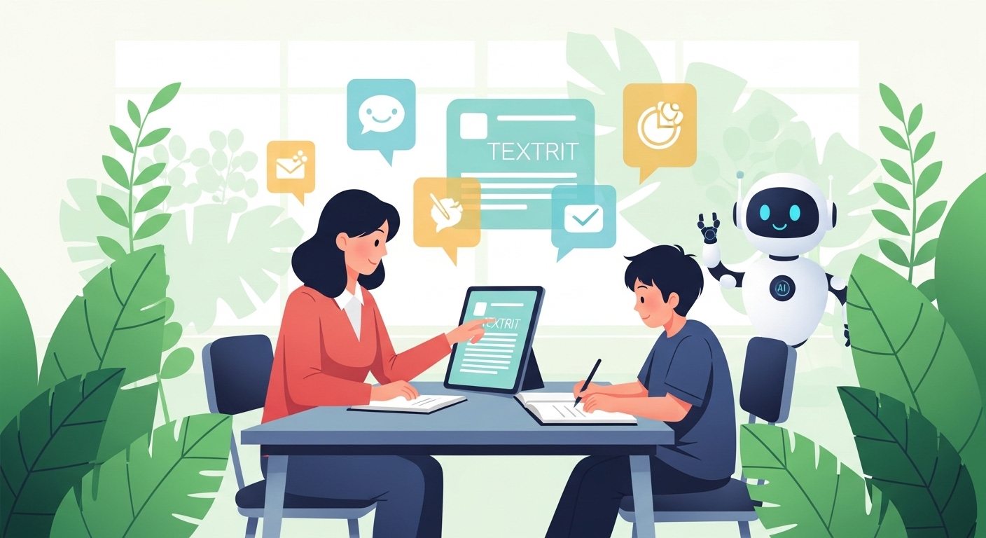 교사와 학생이 AI 로봇과 함께 글쓰기 교육을 하는 모습