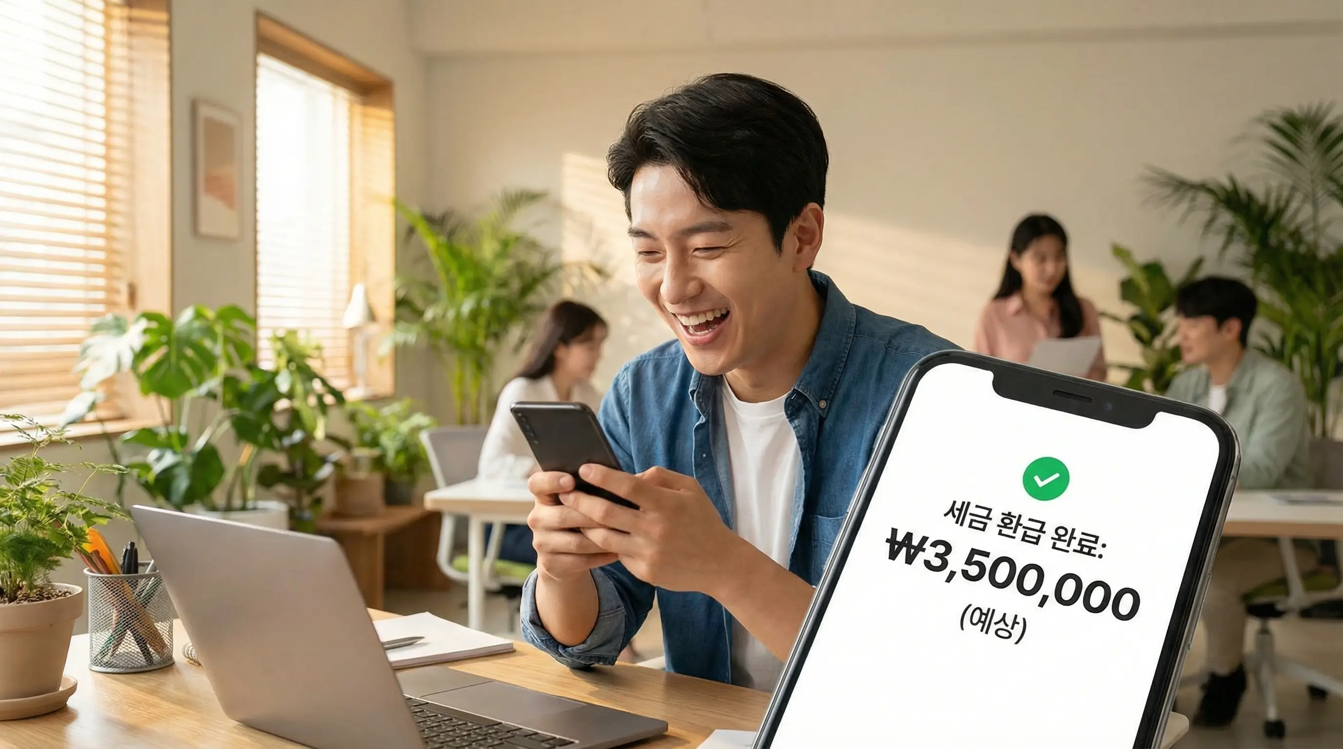 세금 환급이 확인된 스마트폰 화면을 보며 환하게 웃고 있는 젊은 사장님의 모습, 배경에는 깔끔한 사무실