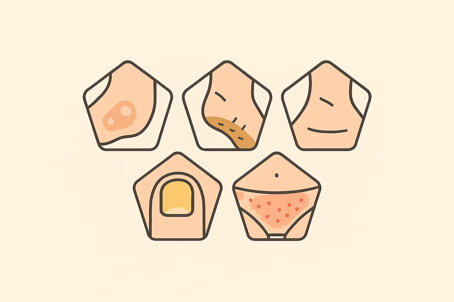 발가락 사이 갈라짐, 발바닥 물집, 두꺼운 각질, 누렇게 변한 발톱, 사타구니 발진 등을 작은 그림 아이콘처럼 한 장면에 배열