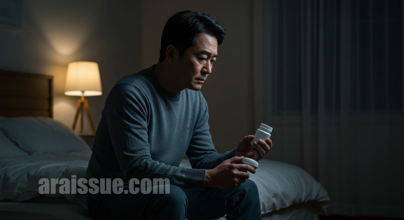 수면제를 쳐다보는 중년 남성의 고민