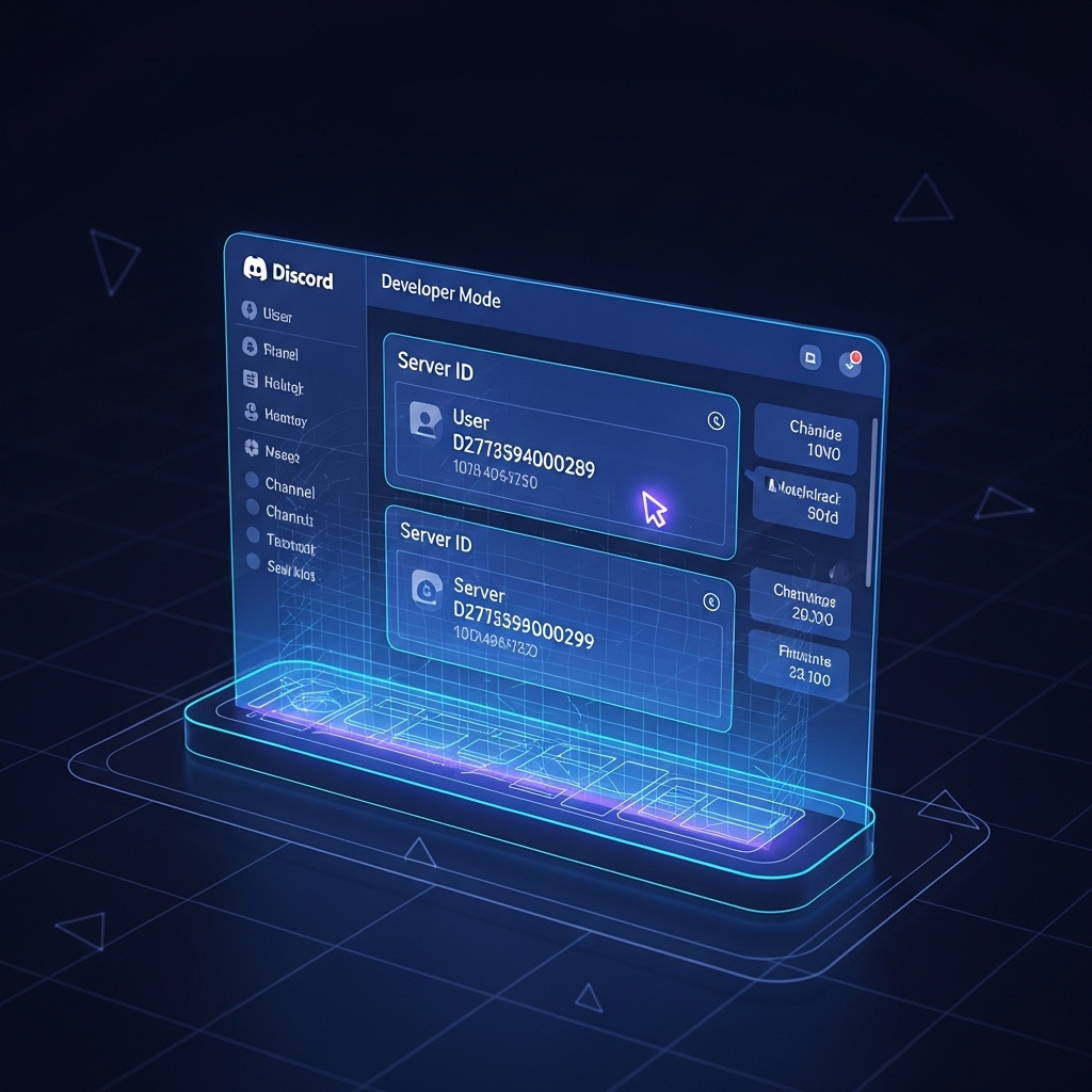 디스코드 개발자 모드 화면을 보여주는 깔끔한 일러스트. 어두운 배경 위 홀로그램 터미널에 사용자 및 서버 ID가 표시되어 숨겨진 정보 확인 기능을 나타냅니다.3