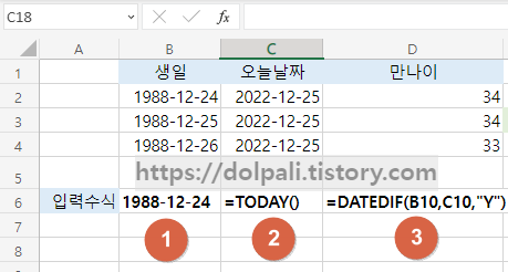 엑셀을 이용한 만나이 구하기 함수 입력 방법