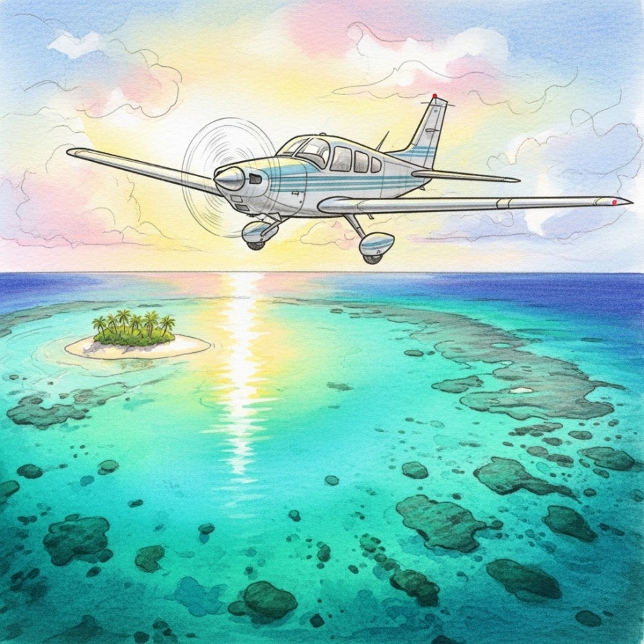섬 위를 비행하는 비행기 모습