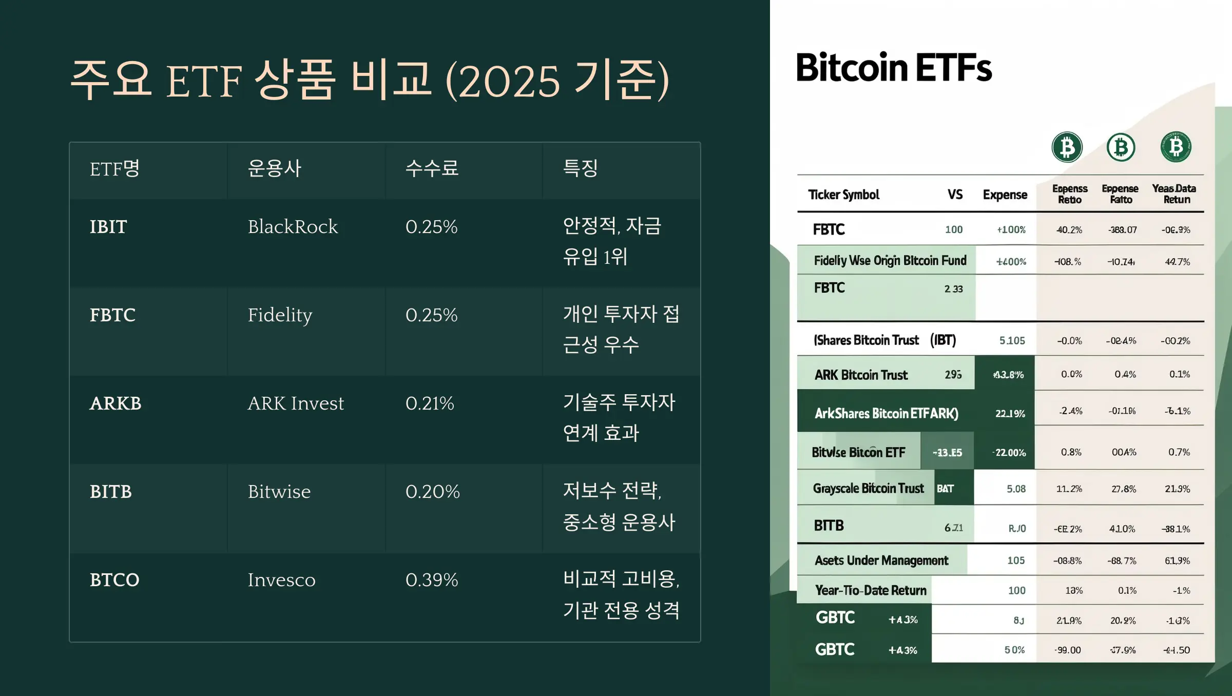 ETF 스펙 비교 표 (보수, 유동성, 수익률 등