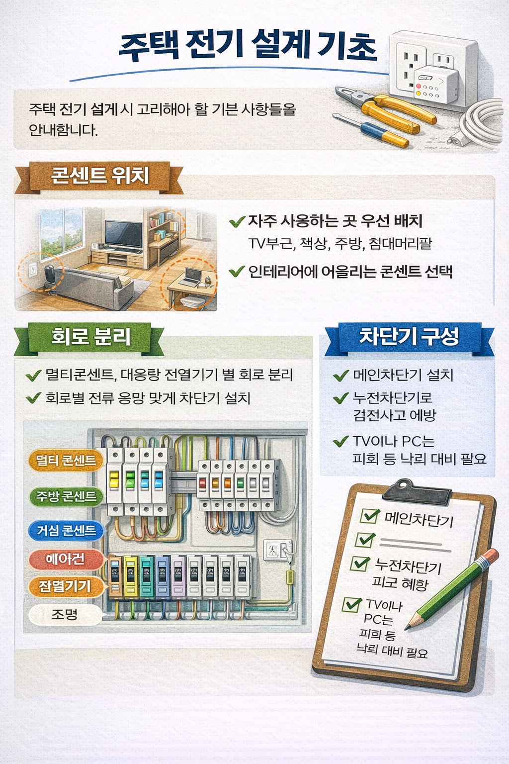주택 전기 설계 기초 콘센트 위치 회로 분리 차단기 구성 가이드
