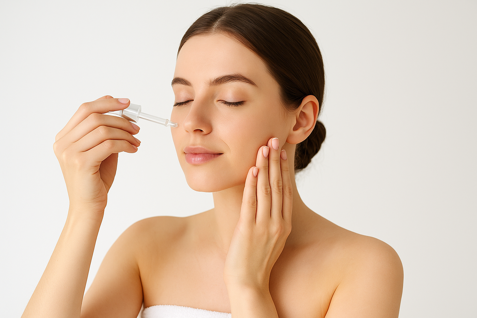 여성이 세안 후 피부에 니들샷 앰플을 도포하는 장면