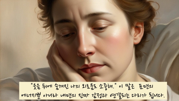 &ldquo;웃음 뒤에 숨겨진 나의 외로움도 소중해.&rdquo; 이 말들은 ESFP가 표면의 에너지뿐 아니라 내면의 진짜 감정과 연결되는 다리가 됩니다에 관한 그림입니다