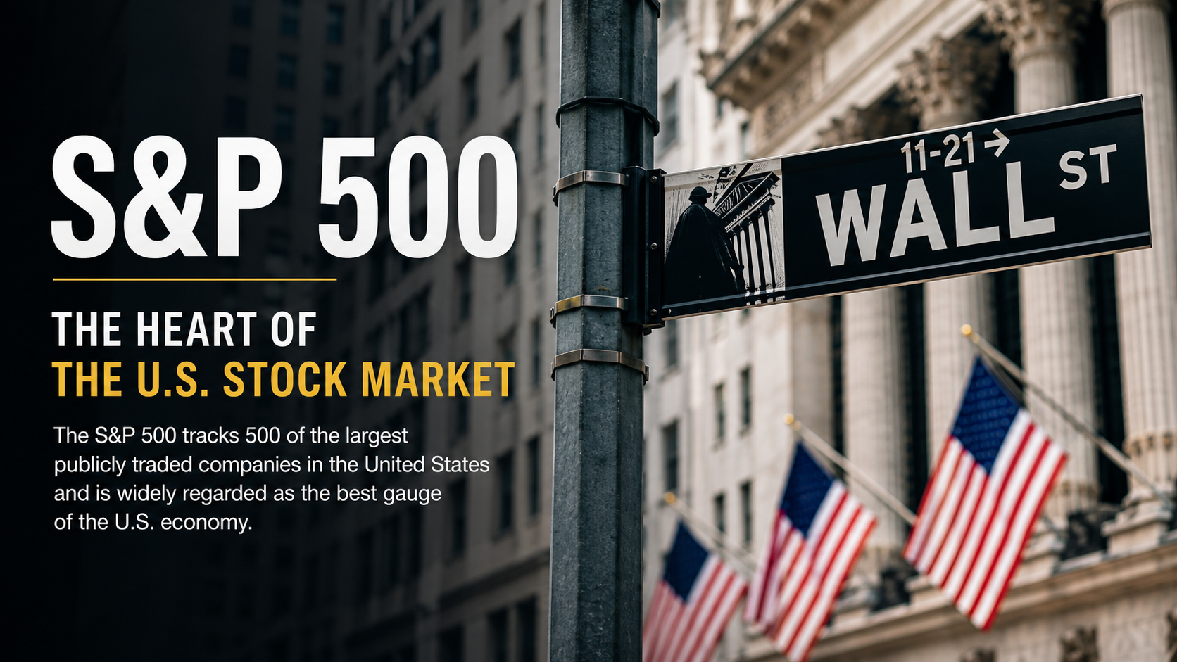 Wall Street sign beside S&amp;P 500 title representing the U.S. stock market and economic strength.