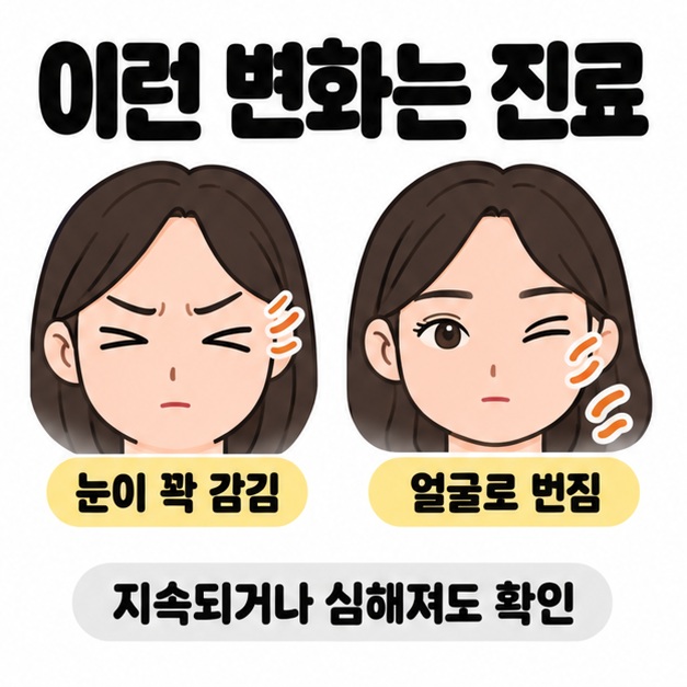 눈을 꽉 감은 얼굴과 한쪽 눈에서 볼과 입가로 움직임 선이 이어지는 얼굴을 나란히 놓고 지속되거나 심해져도 확인하라고 안내한 그림