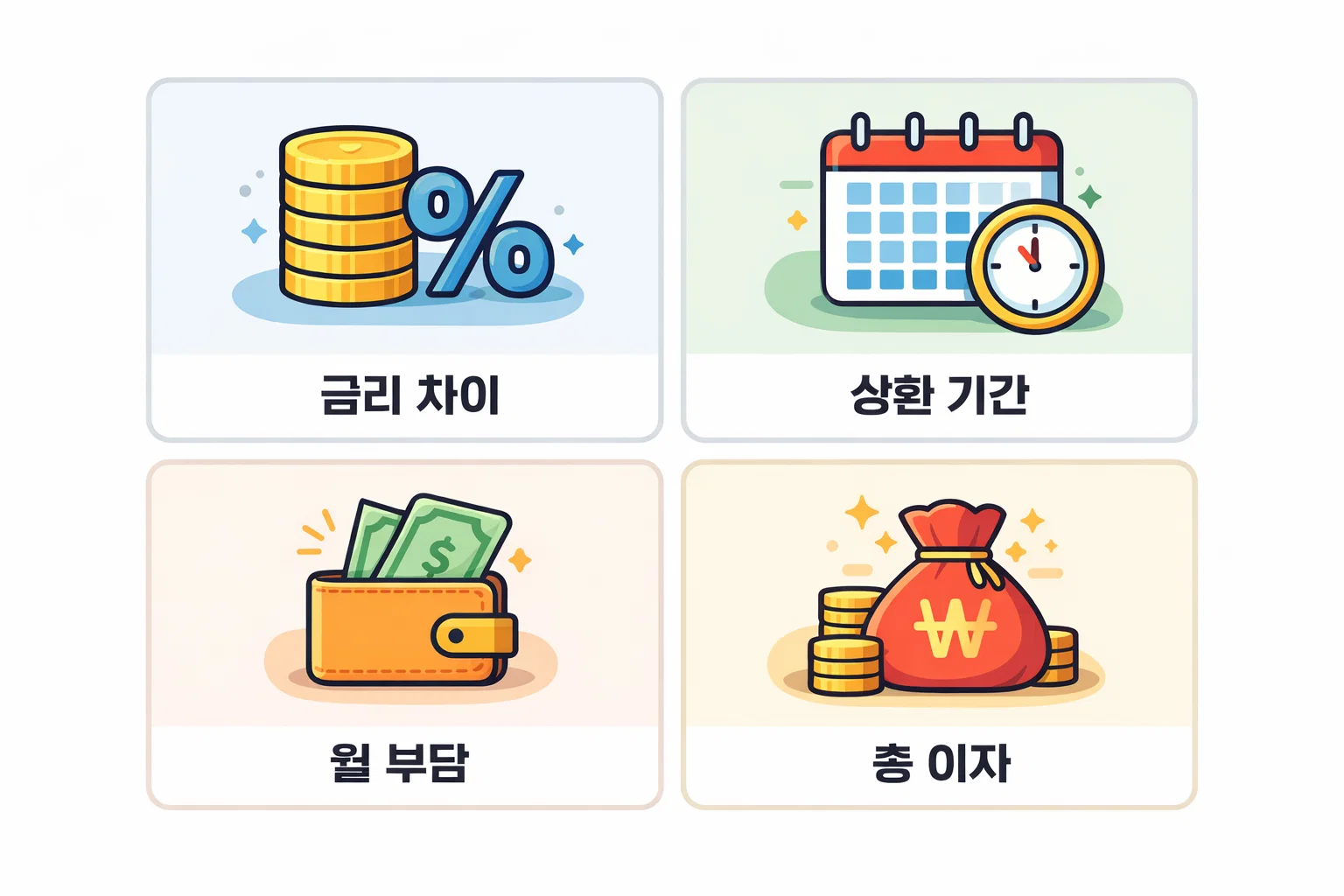 정부지원 저금리 대출과 일반대출의 금리·상환기간·월부담·총이자 차이를 비교한 인포그래픽