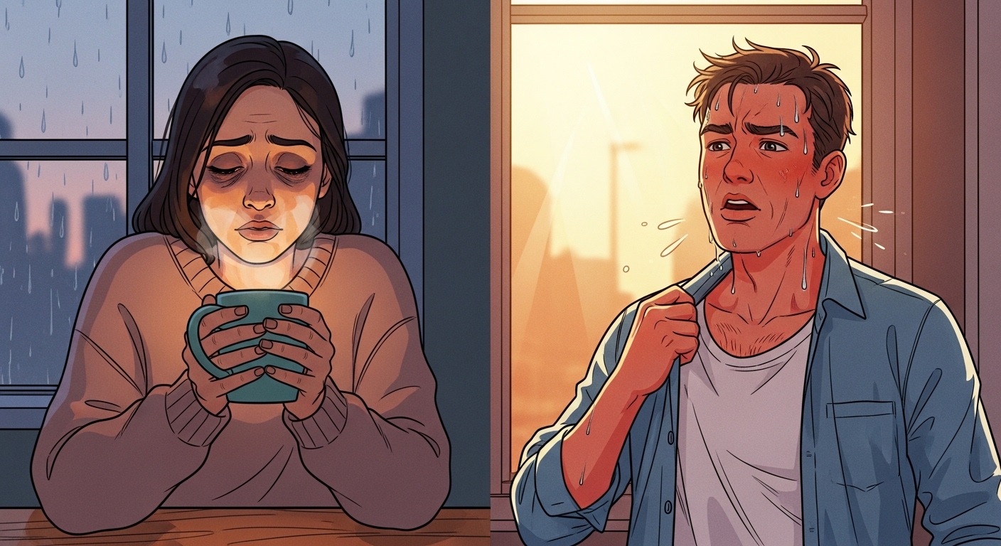 따뜻한 차를 마시며 피곤해하는 여성과 땀을 흘리며 더워하는 남성의 모습이 대조되는 일러스트